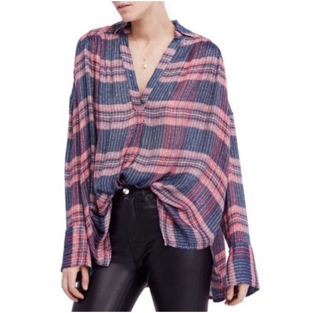 Free People Fearless Love Pink Blue Plaid Sequin Boho Button-Down Shirt - SP